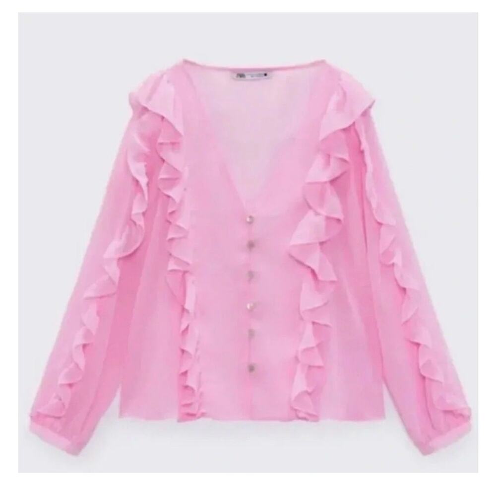 Zara Bubblegum Pink Ruffle V Neck Long Sleeve Blouse Size XS